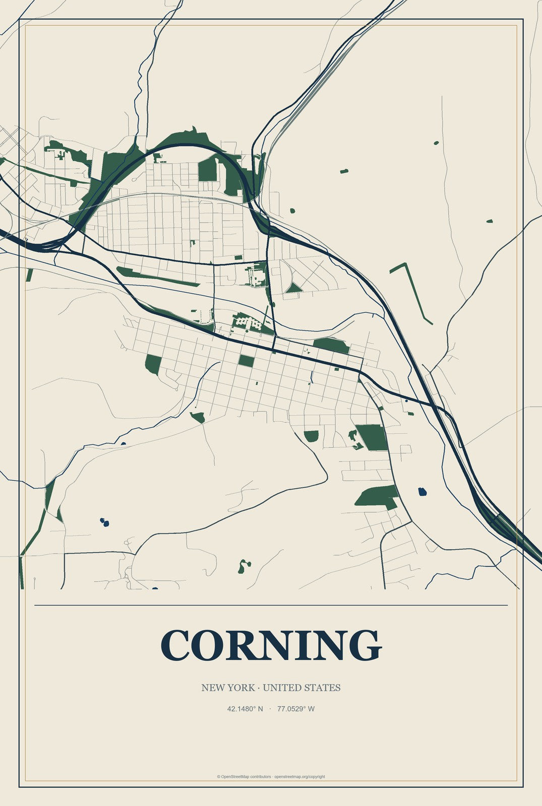 Corning, New York City Map Aluminum Sign in Coastal Cutout style