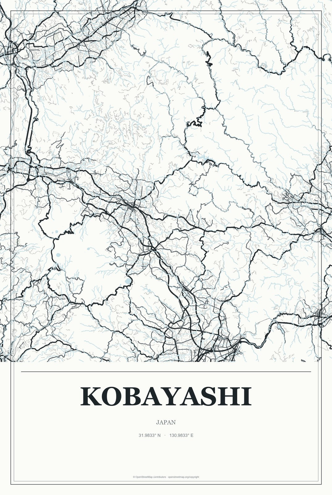 Kobayashi, Japan City Map Aluminum Sign in Gallery Air style