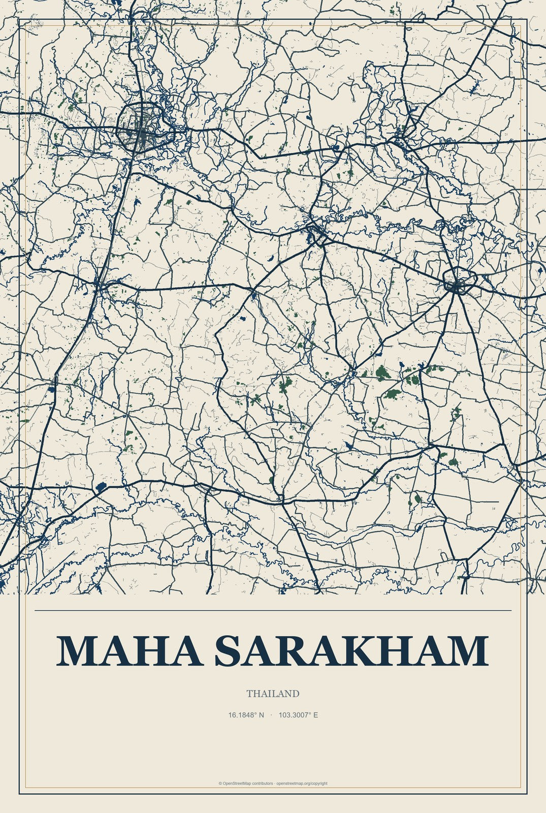 Maha Sarakham, Thailand City Map Aluminum Sign in Coastal Cutout style