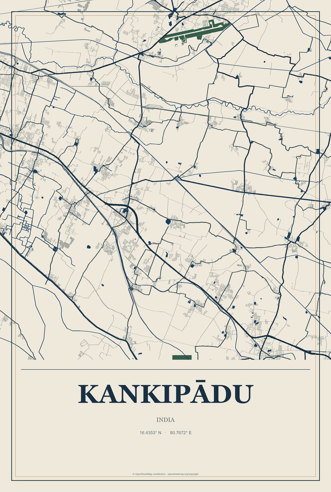 Kankipādu, India City Map Aluminum Sign in Coastal Cutout style