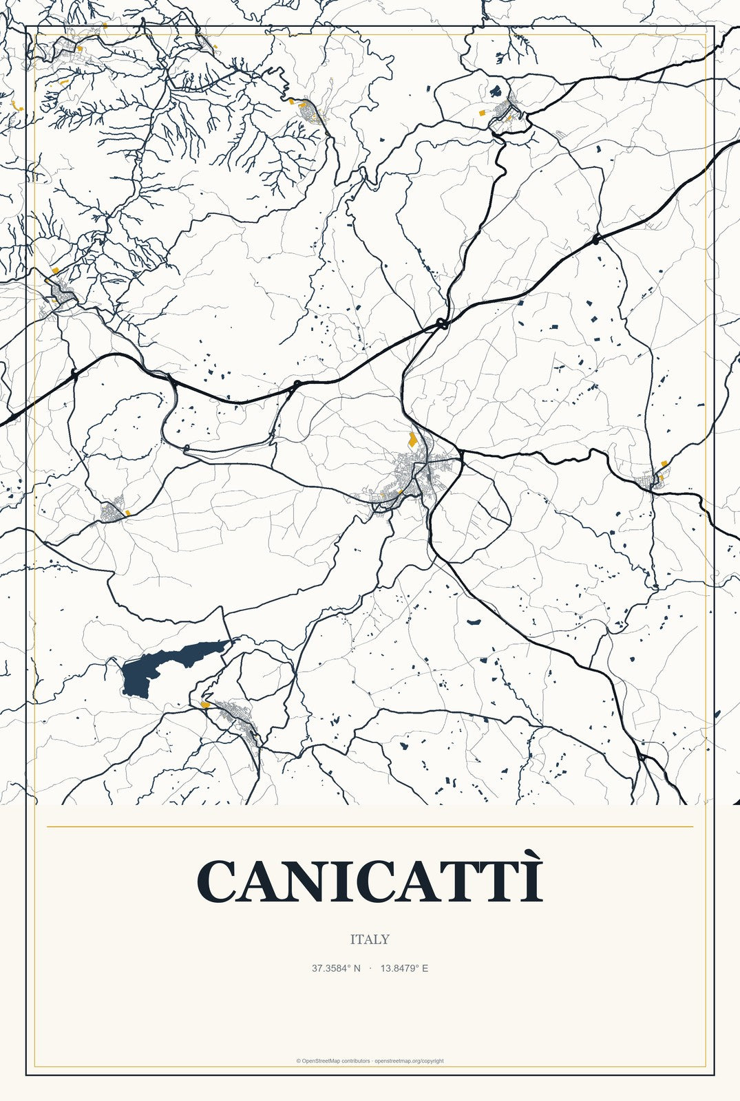 Canicattì, Italy City Map Aluminum Sign in Citrine Modern style