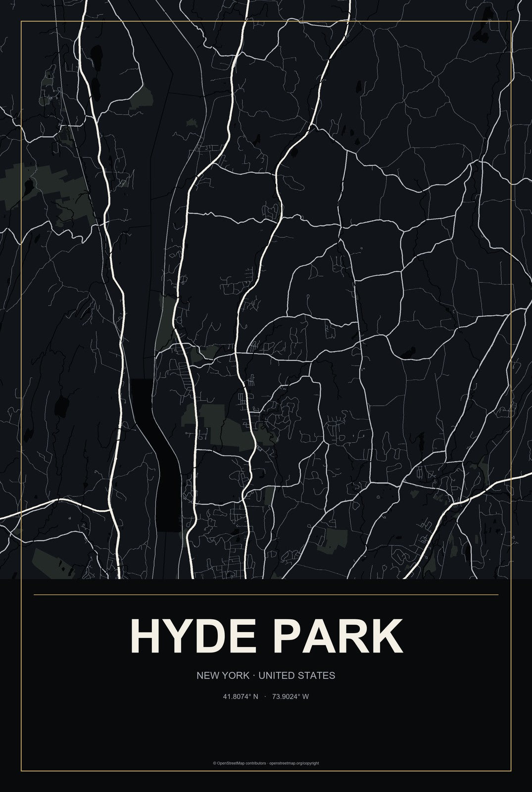 Hyde Park, New York City Map Aluminum Sign in Metropolitan Noir style