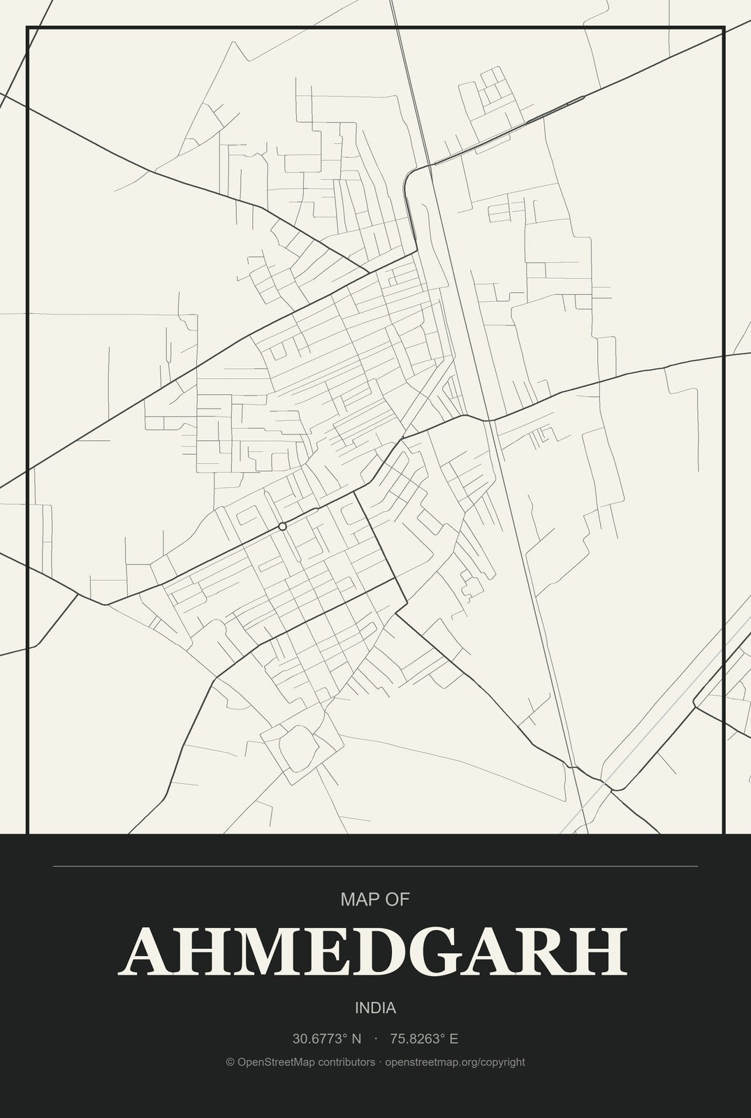Ahmedgarh, India City Map Aluminum Sign in Museum Plaque style
