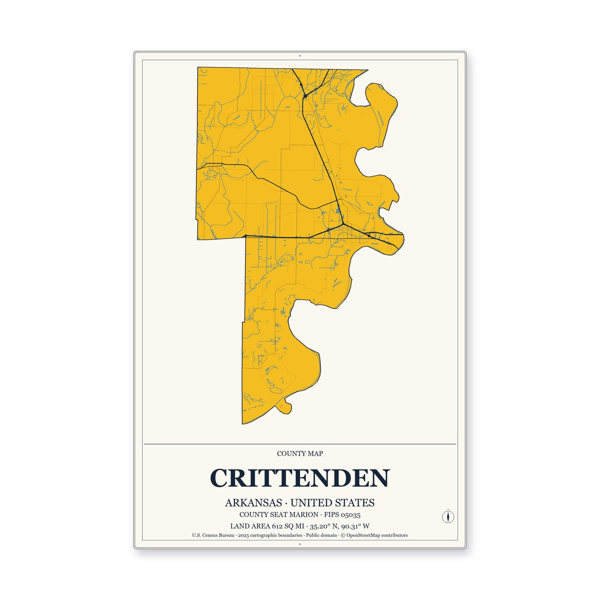 Crittenden County, Arkansas Map Aluminum Sign in Citrine Modern style