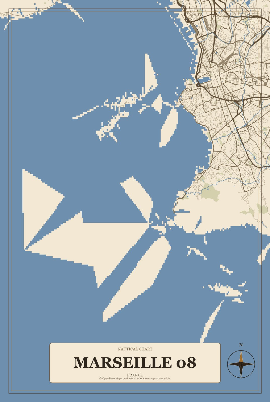 Marseille 08, France City Map Aluminum Sign in Heritage Nautical style