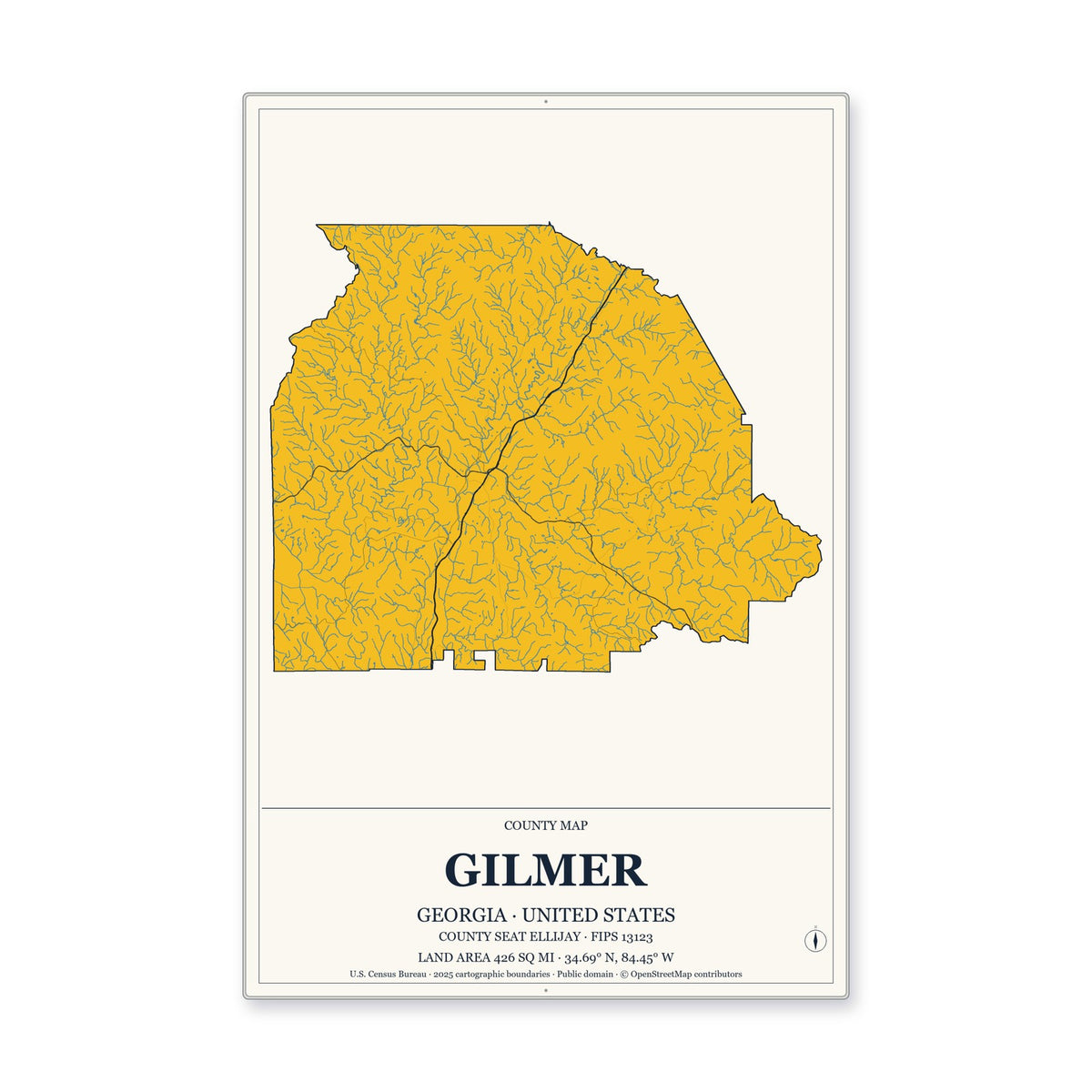 Gilmer County, Georgia Map Aluminum Sign in Citrine Modern style