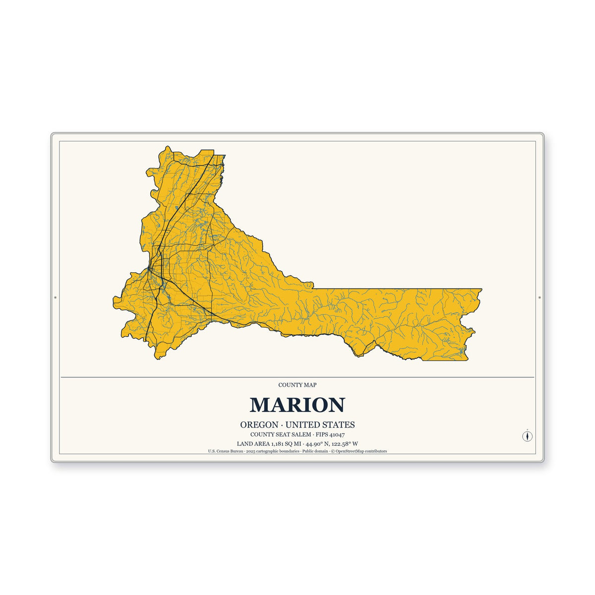 Marion County, Oregon Map Aluminum Sign in Citrine Modern style