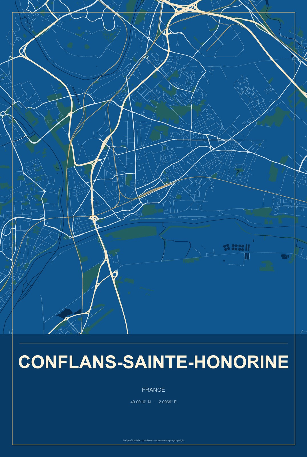 Conflans-Sainte-Honorine, France City Map Aluminum Sign in Harbor Cobalt style