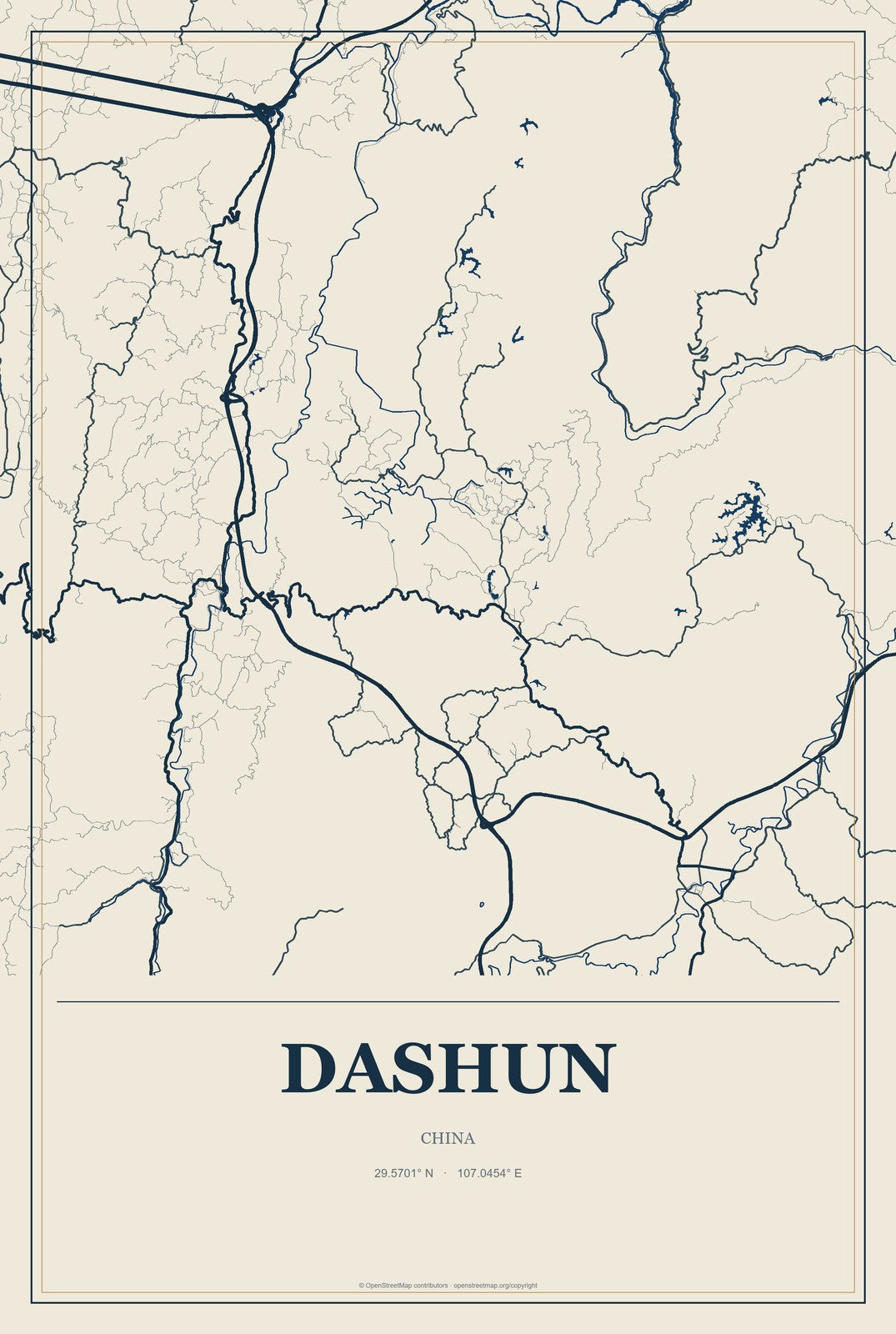 Dashun, China City Map Aluminum Sign in Coastal Cutout style