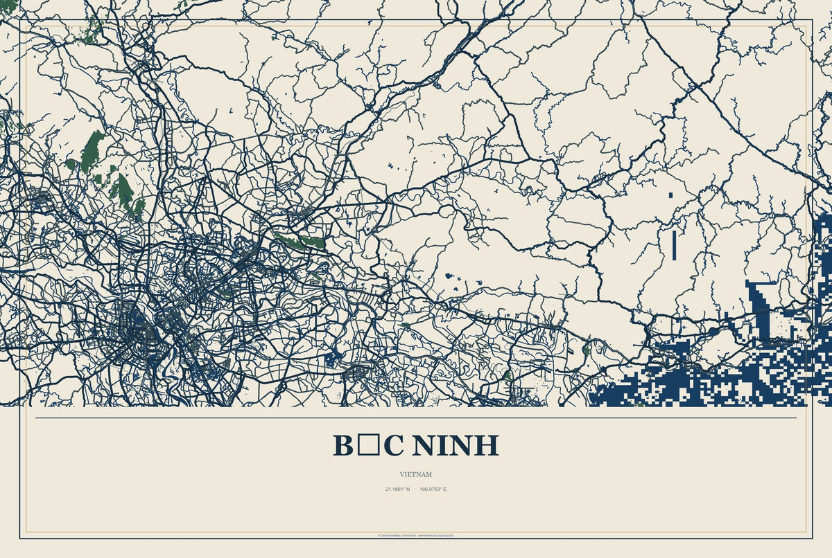 Bắc Ninh, Vietnam City Map Aluminum Sign in Coastal Cutout style