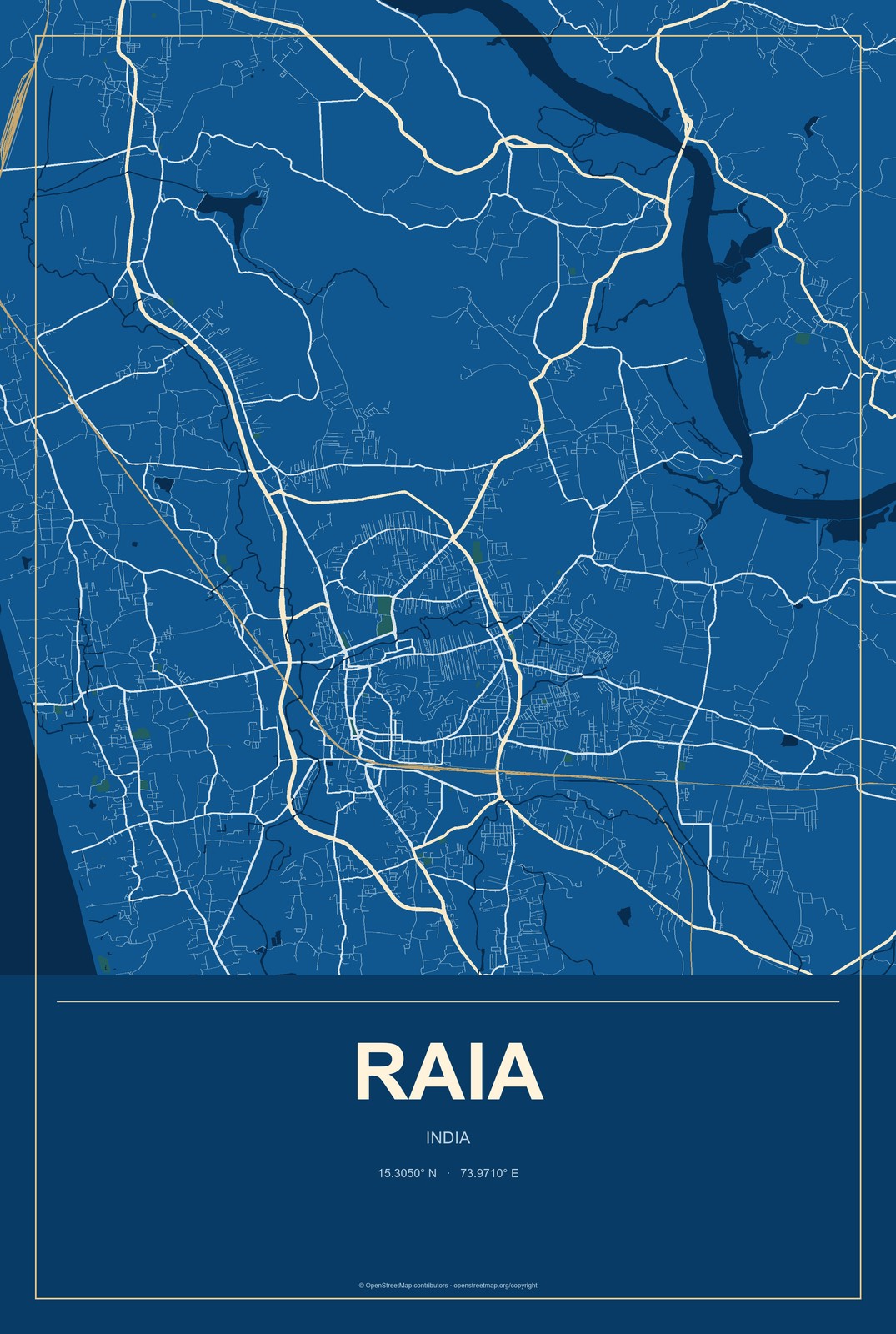Raia, India City Map Aluminum Sign in Harbor Cobalt style