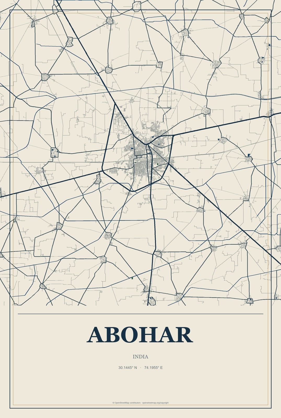 Abohar, India City Map Aluminum Sign in Coastal Cutout style