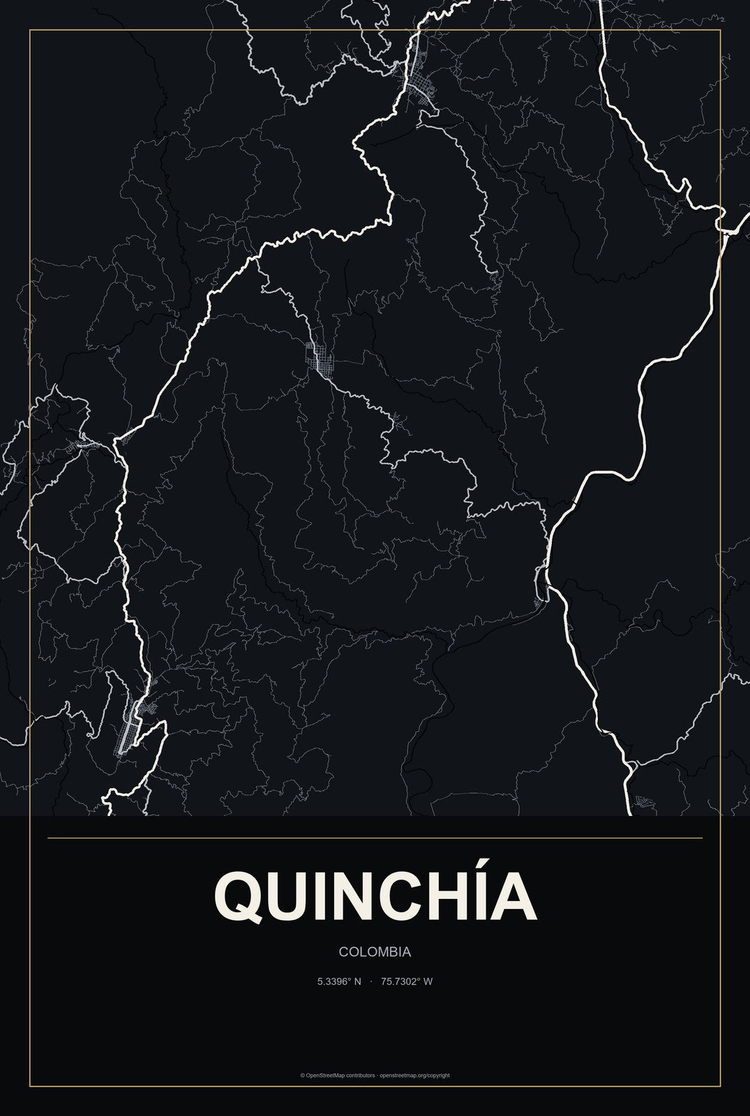 Quinchía, Colombia City Map Aluminum Sign in Metropolitan Noir style