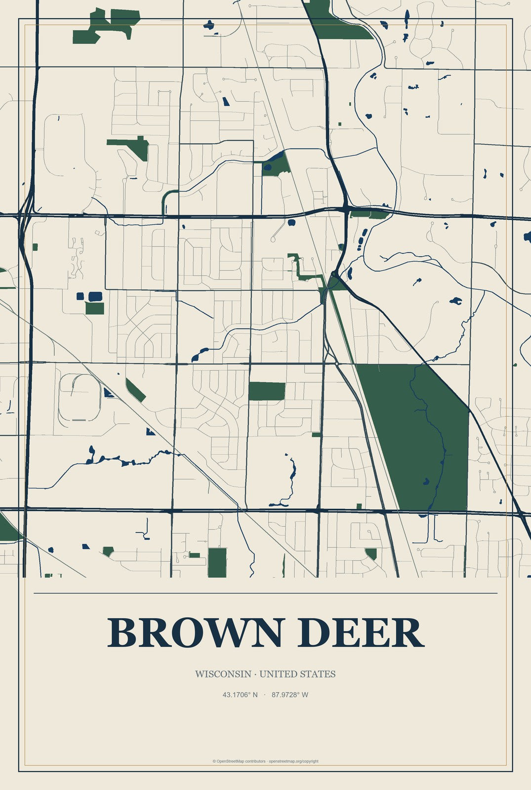 Brown Deer, Wisconsin City Map Aluminum Sign in Coastal Cutout style