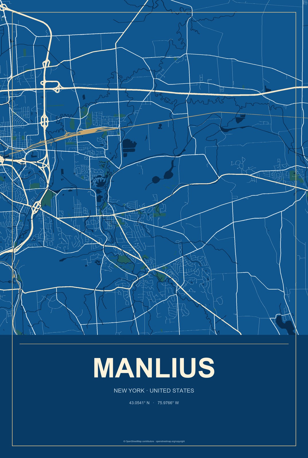 Manlius, New York City Map Aluminum Sign in Harbor Cobalt style