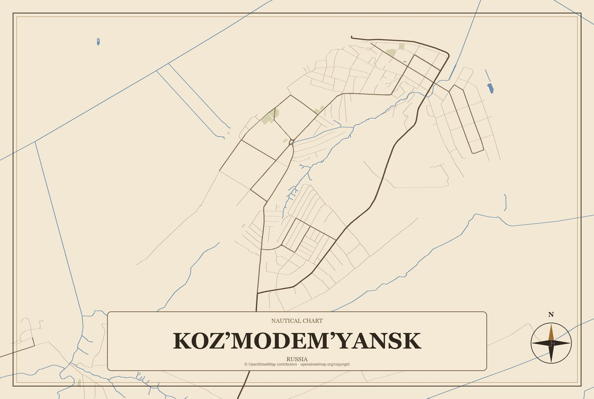 Koz’modem’yansk, Russia City Map Aluminum Sign in Heritage Nautical style