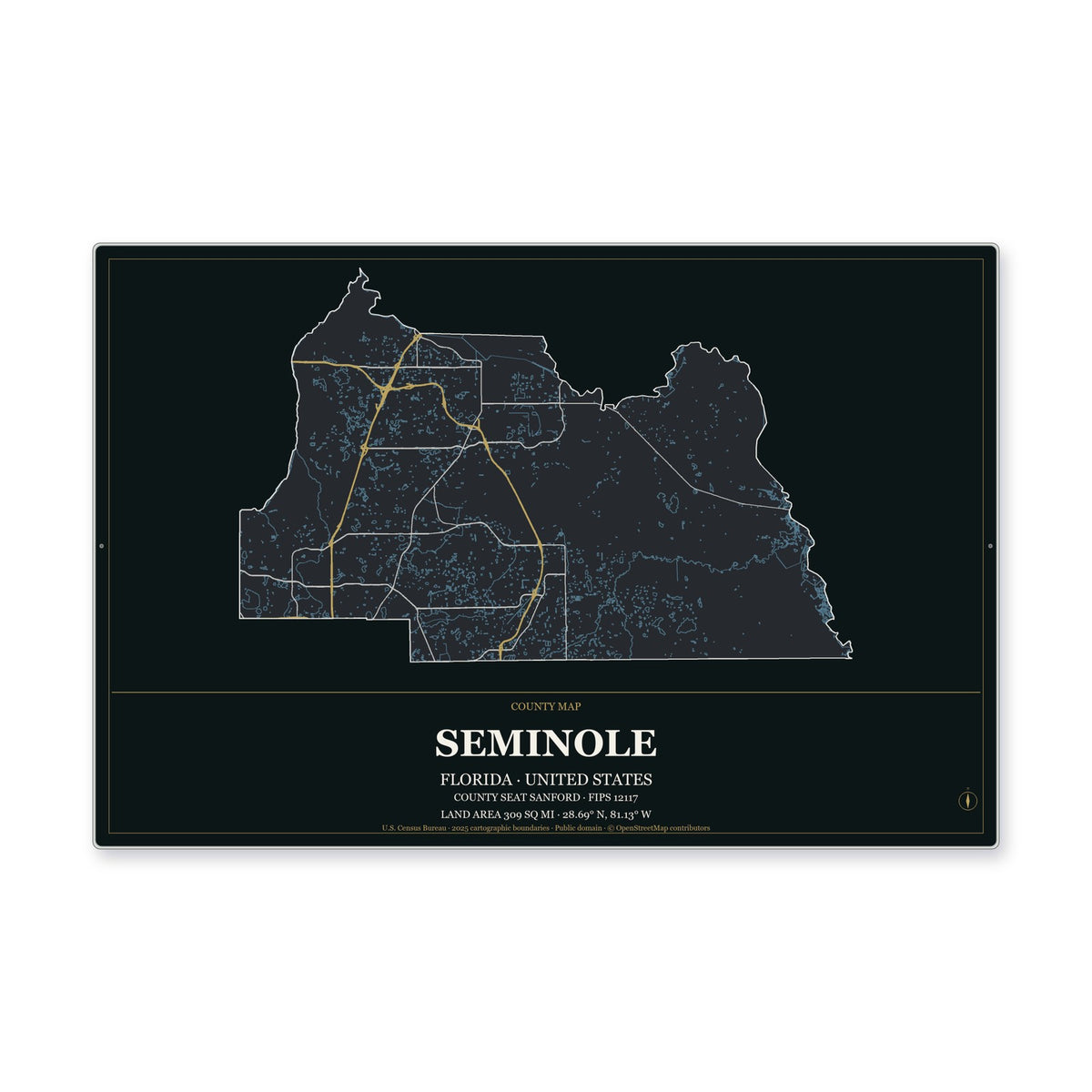 Seminole County, Florida Map Aluminum Sign in Metropolitan Noir style