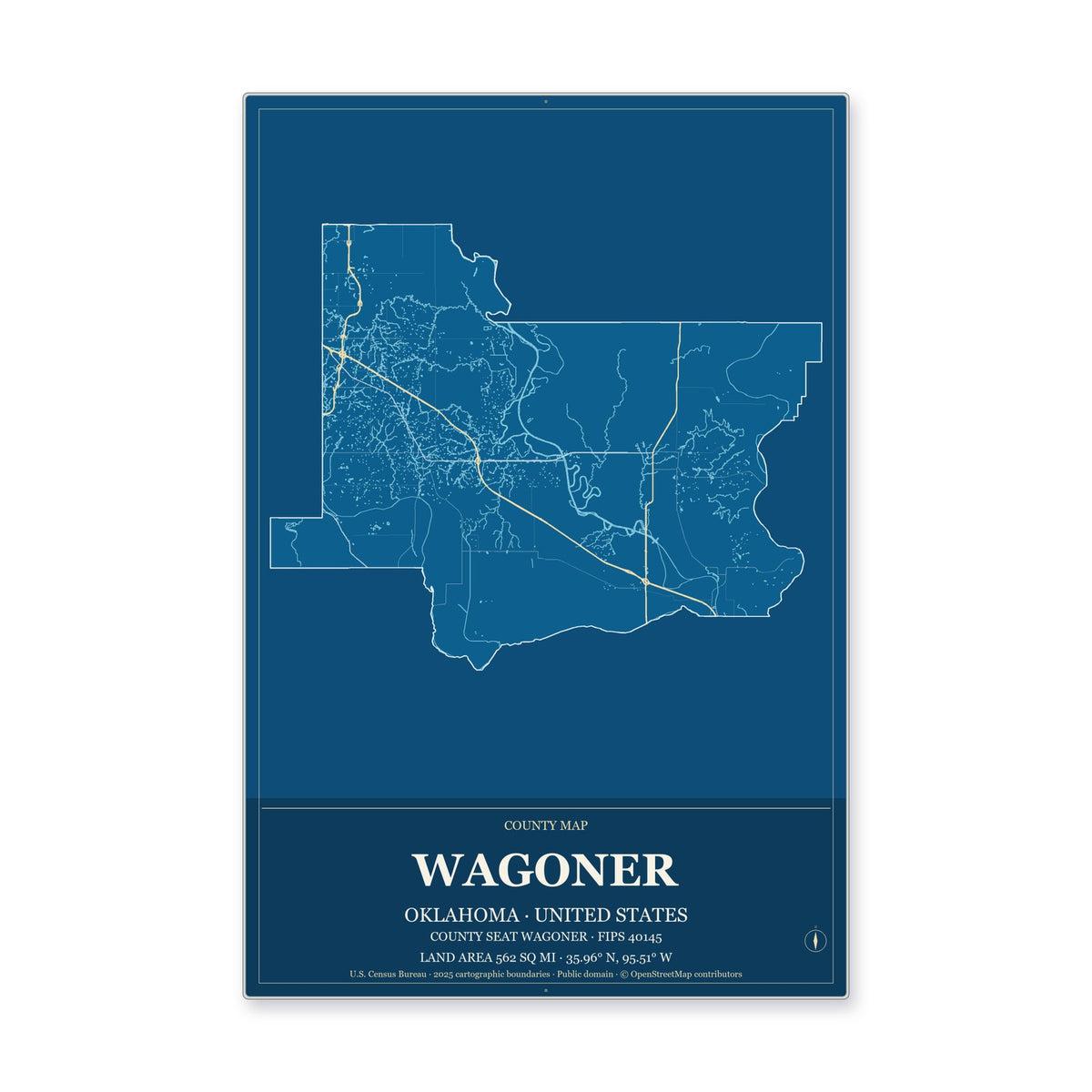 Wagoner County, Oklahoma Map Aluminum Sign in Harbor Cobalt style
