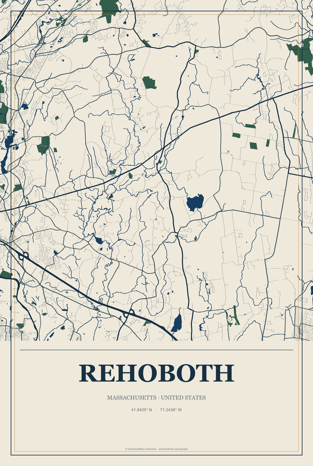 Rehoboth, Massachusetts City Map Aluminum Sign in Coastal Cutout style