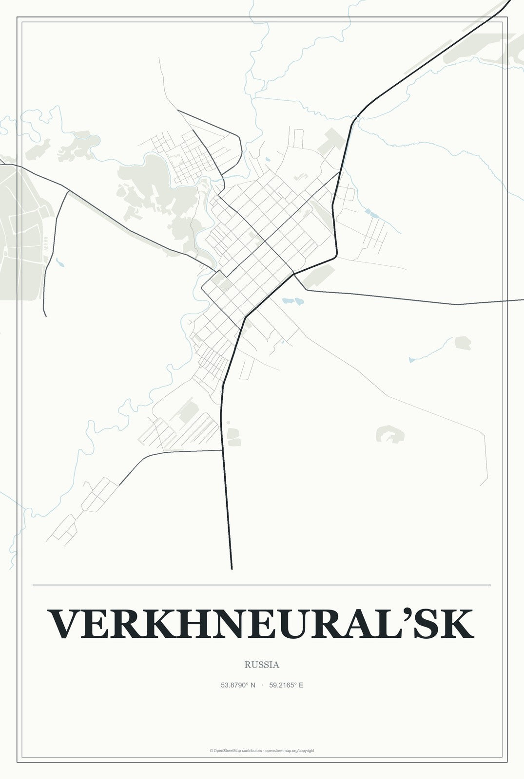 Verkhneural’sk, Russia City Map Aluminum Sign in Gallery Air style