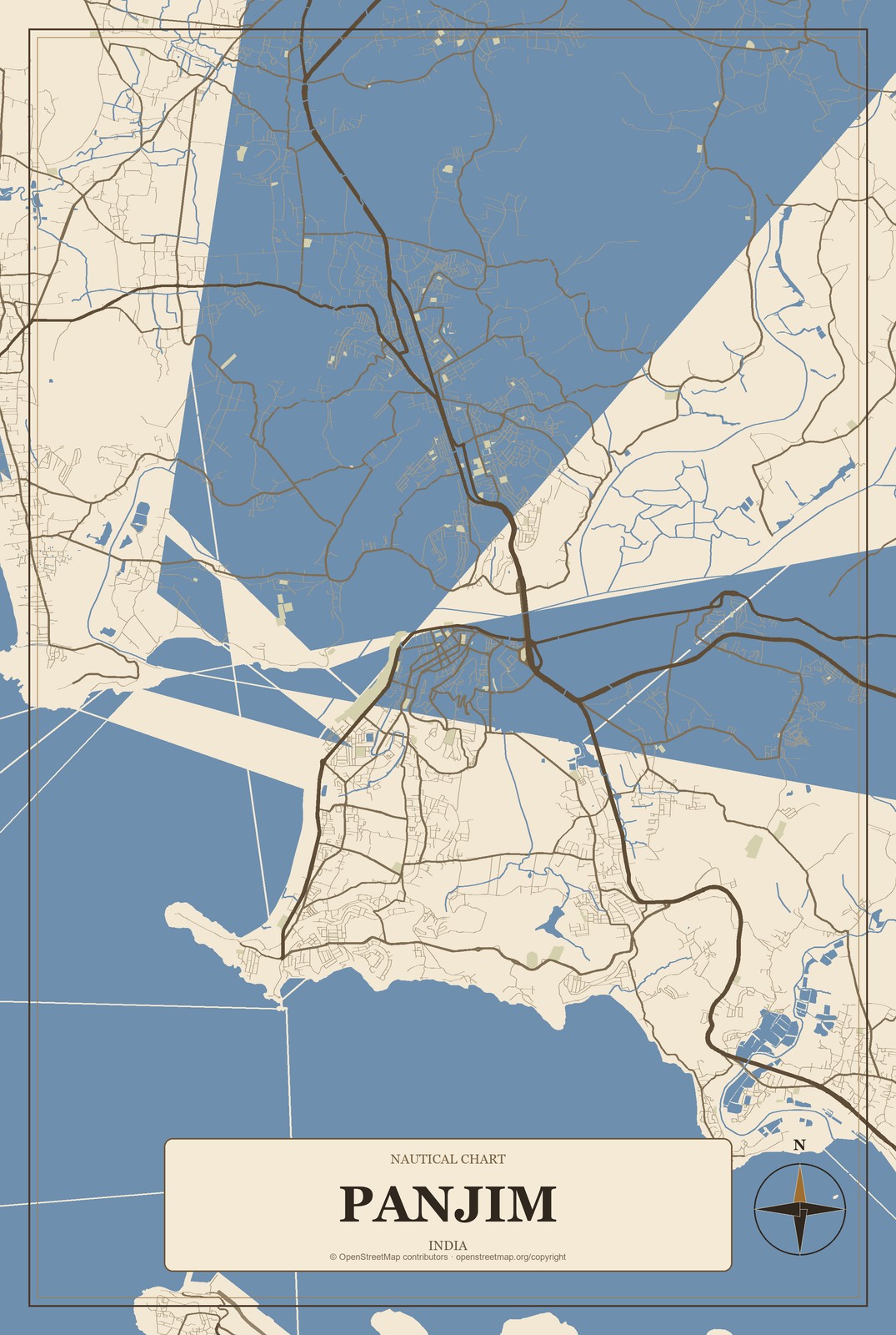 Panjim, India City Map Aluminum Sign in Heritage Nautical style