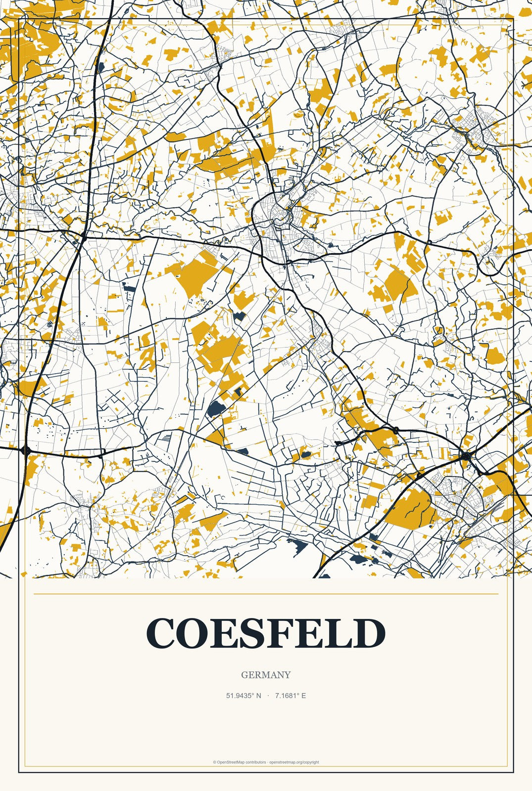 Coesfeld, Germany City Map Aluminum Sign in Citrine Modern style