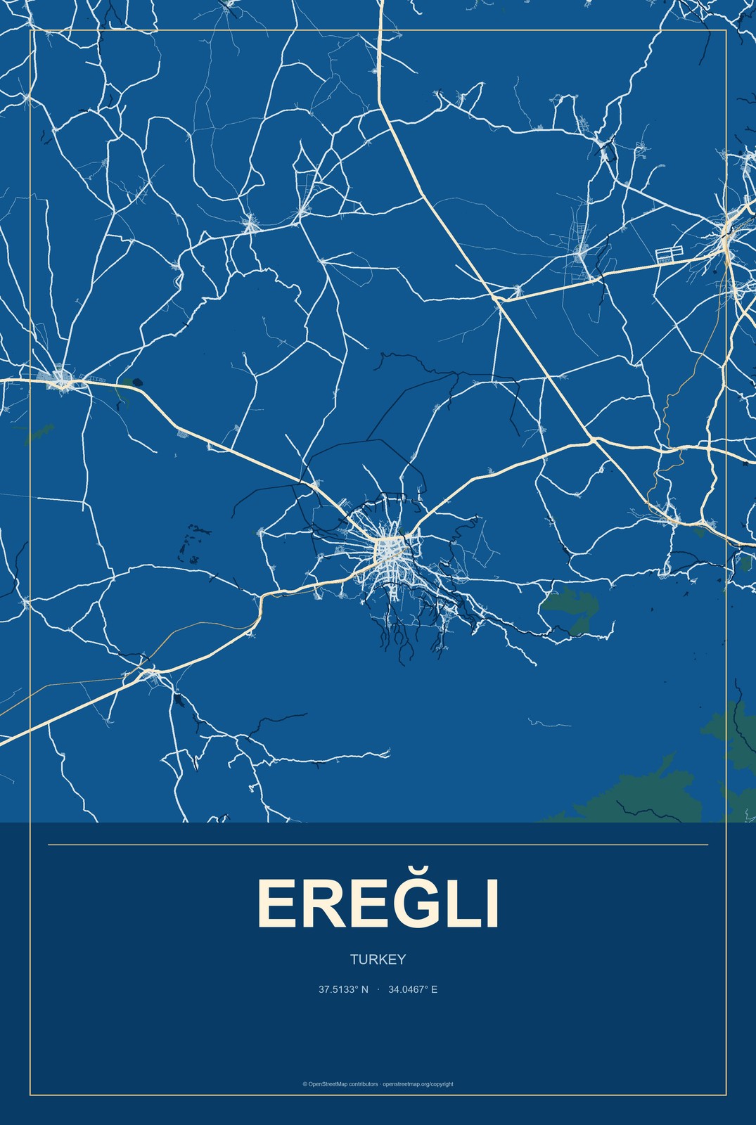 Ereğli, Konya, Turkey City Map Aluminum Sign in Harbor Cobalt style