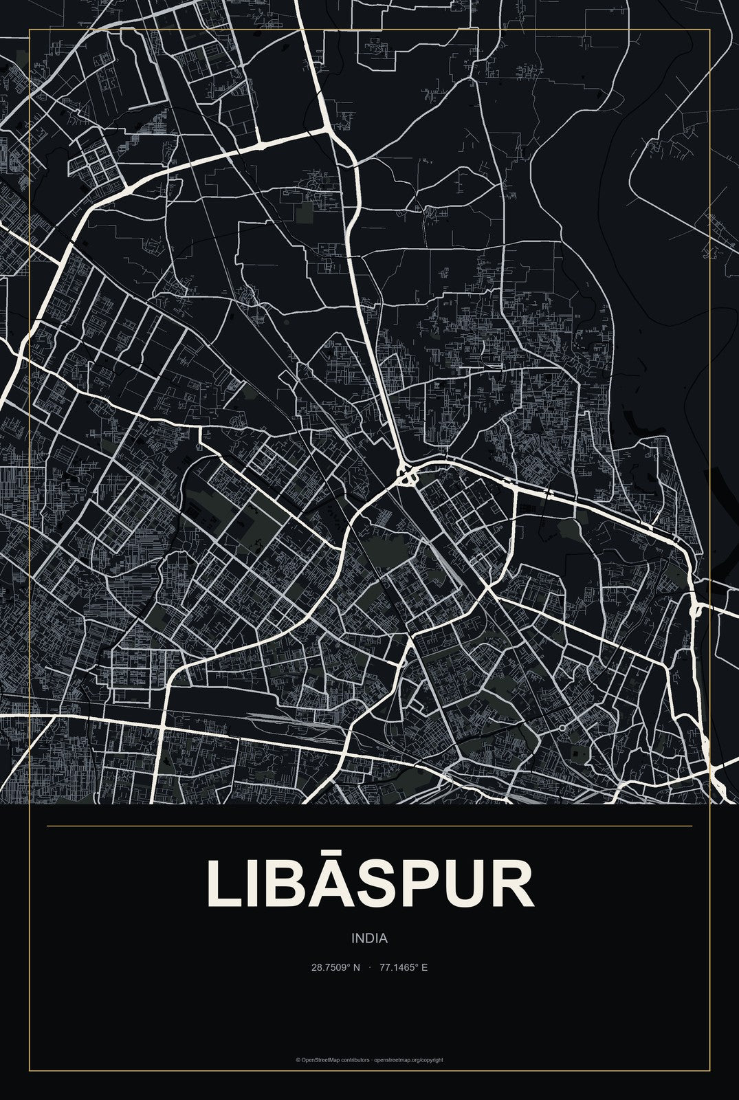 Libāspur, India City Map Aluminum Sign in Metropolitan Noir style