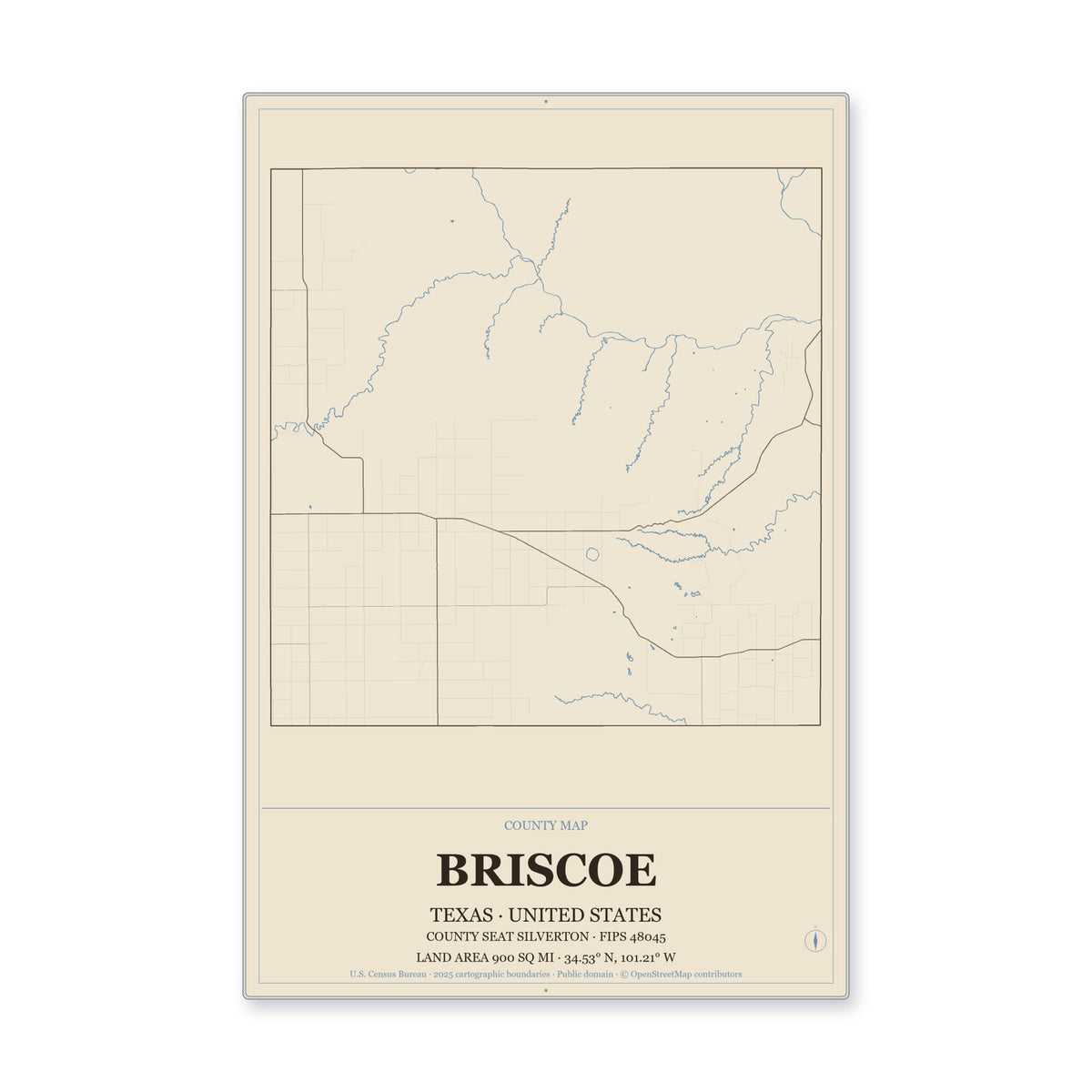 Briscoe County, Texas Map Aluminum Sign in Heritage Nautical style