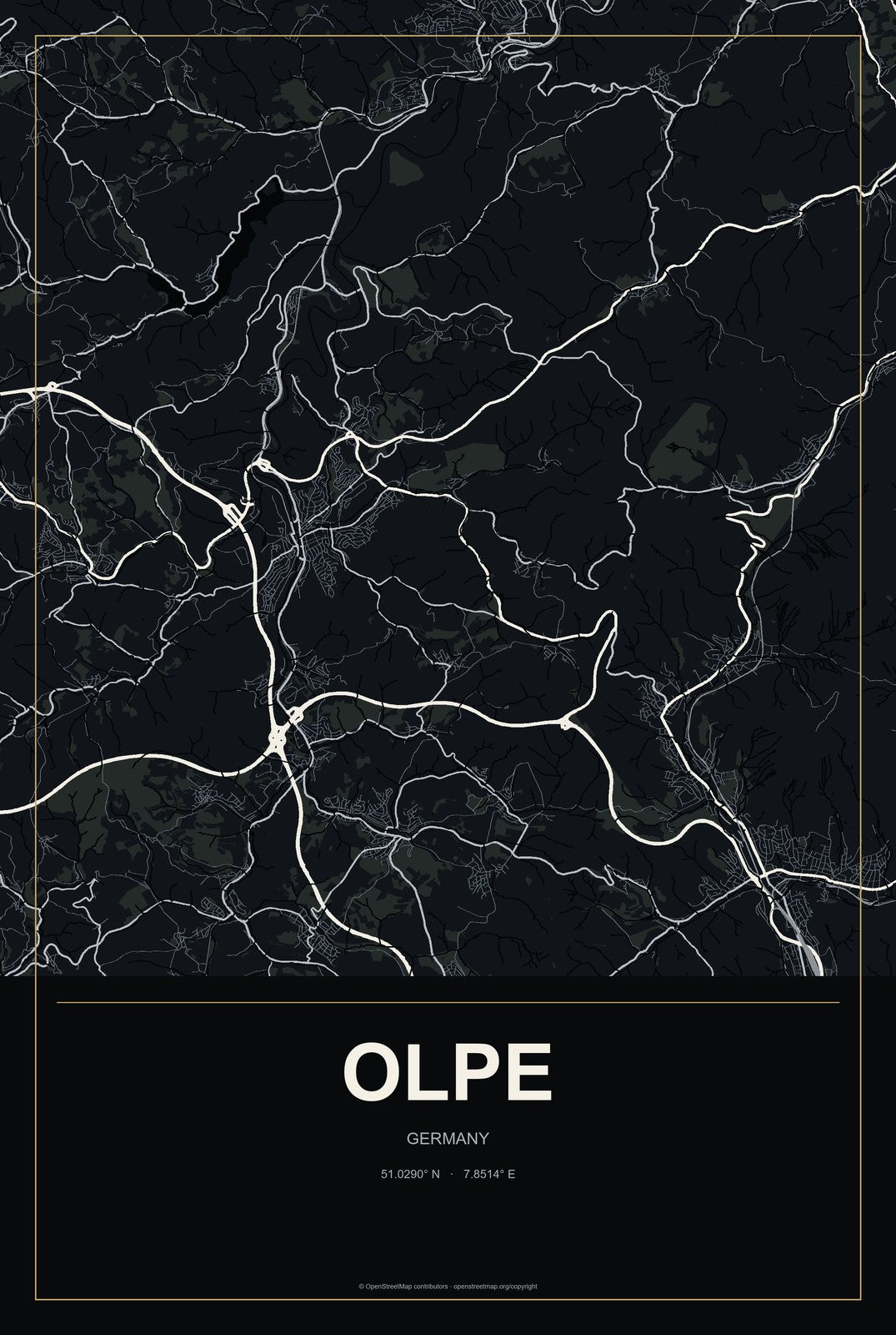 Olpe, Germany City Map Aluminum Sign in Metropolitan Noir style