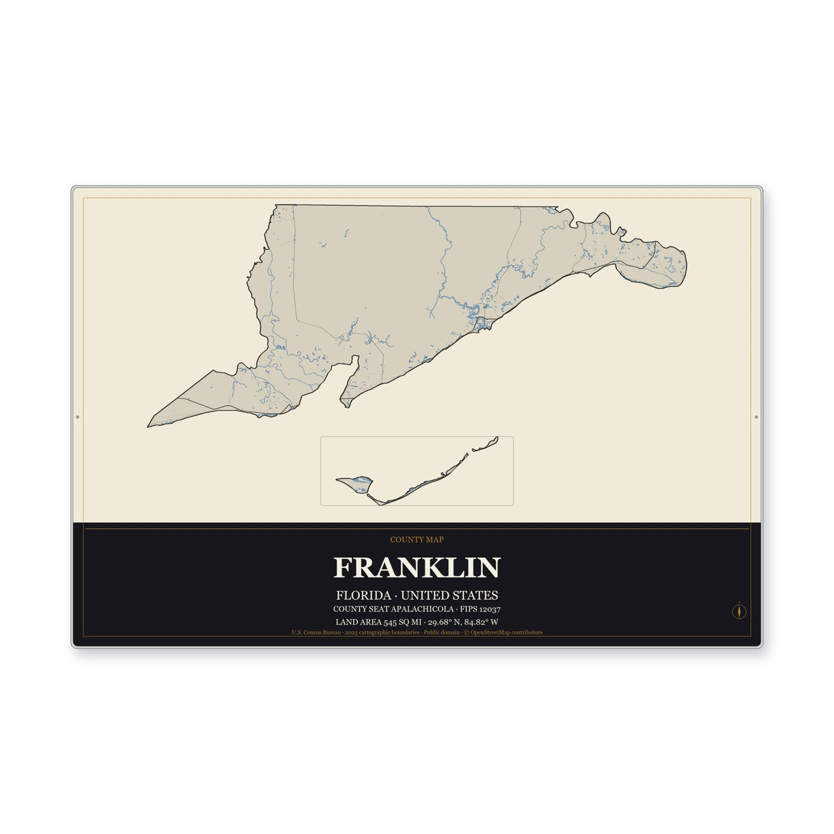 Franklin County, Florida Map Aluminum Sign in Museum Plaque style