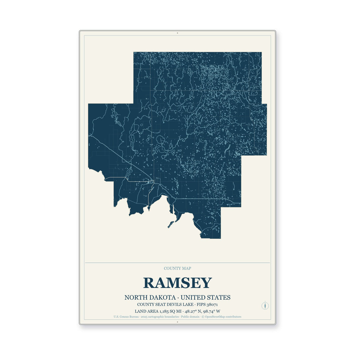 Ramsey County, North Dakota Map Aluminum Sign in Coastal Cutout style