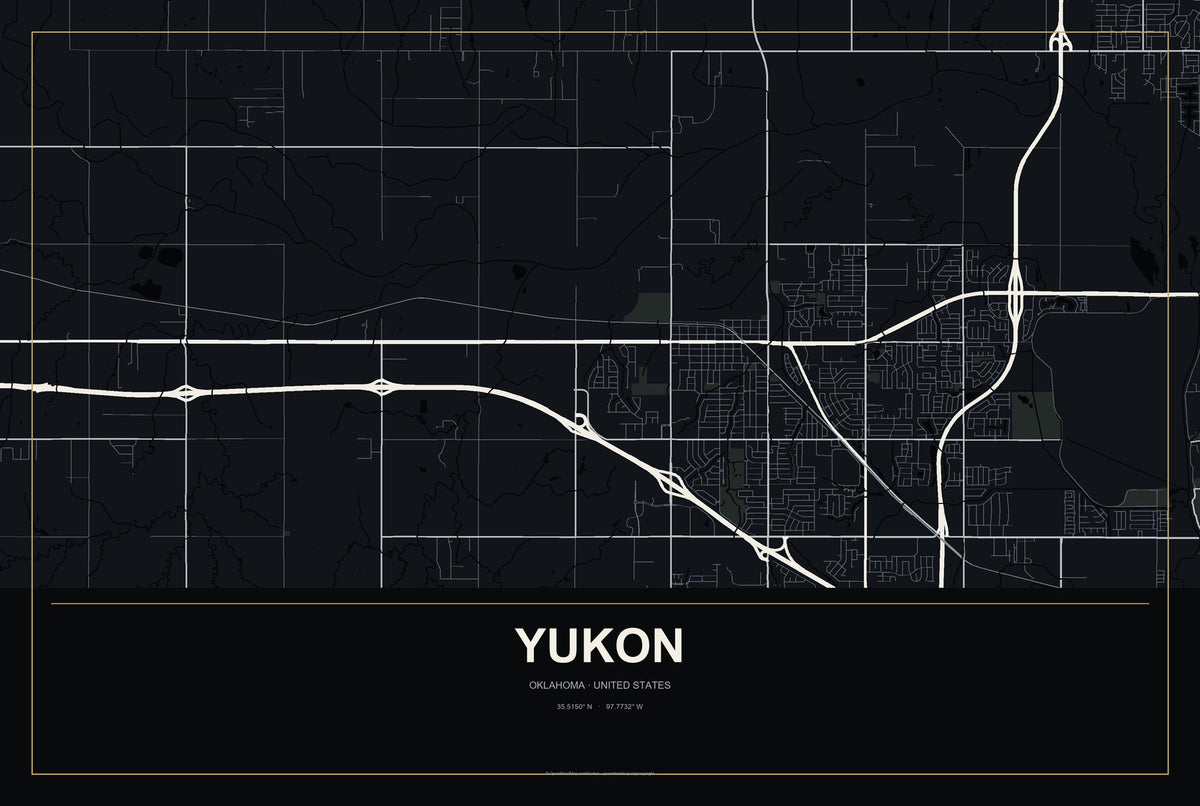 Yukon, Oklahoma City Map Aluminum Sign in Metropolitan Noir style