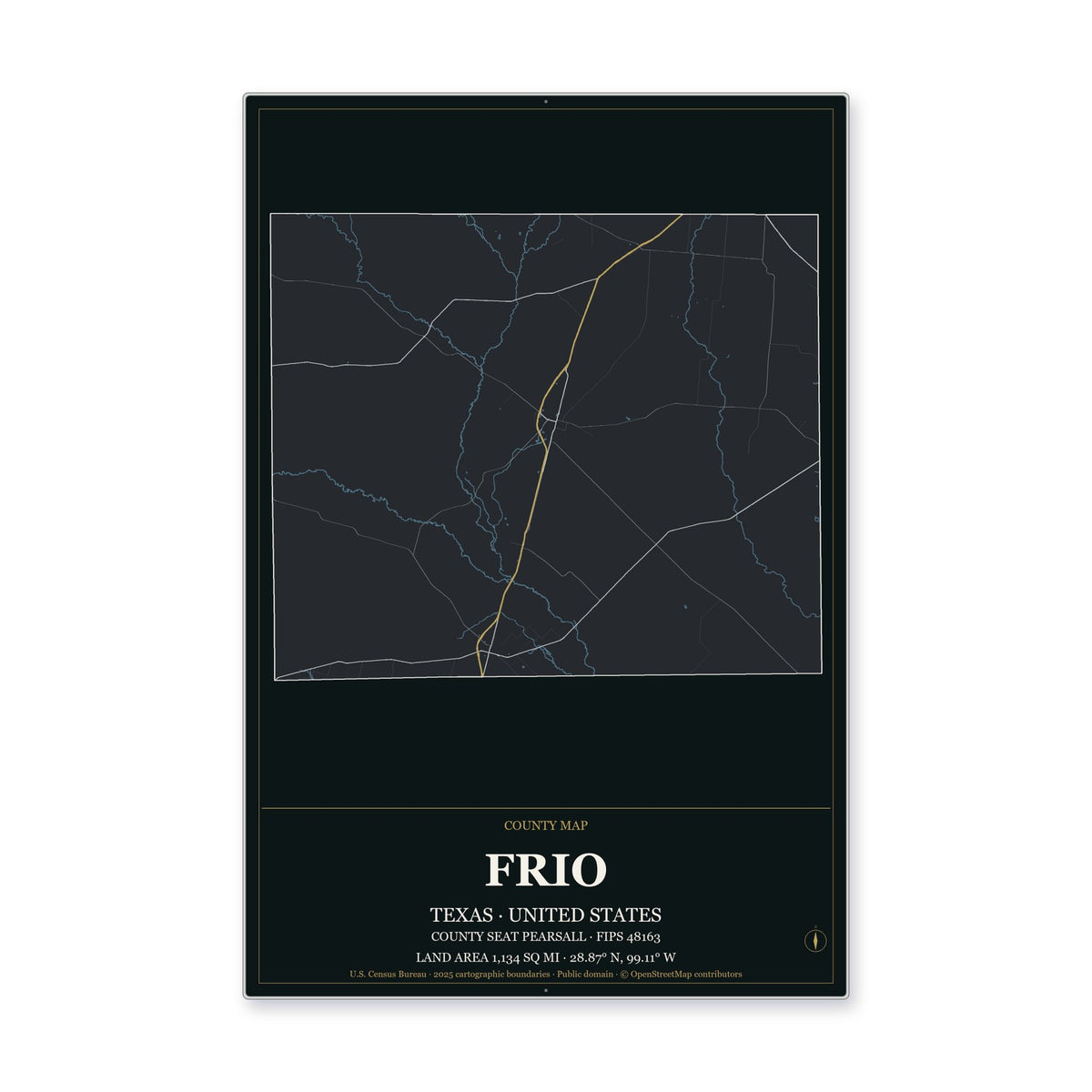 Frio County, Texas Map Aluminum Sign in Metropolitan Noir style