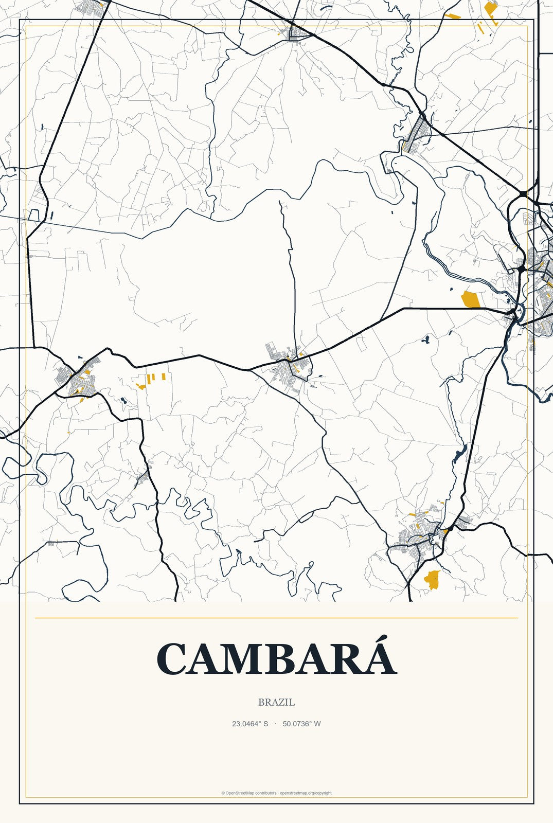 Cambará, Brazil City Map Aluminum Sign in Citrine Modern style