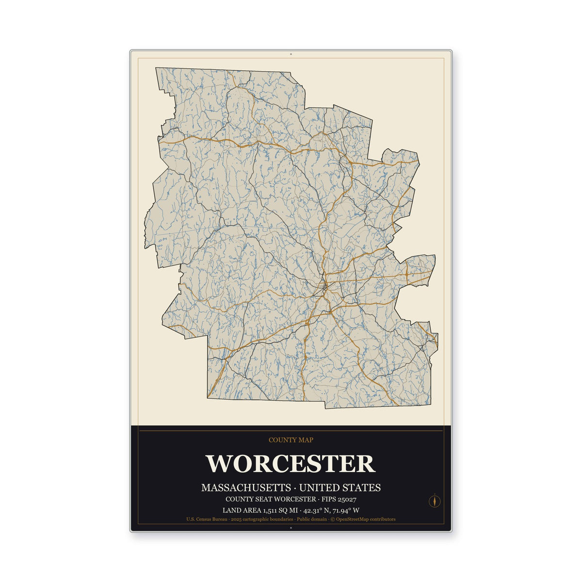 Worcester County, Massachusetts Map Aluminum Sign in Museum Plaque style
