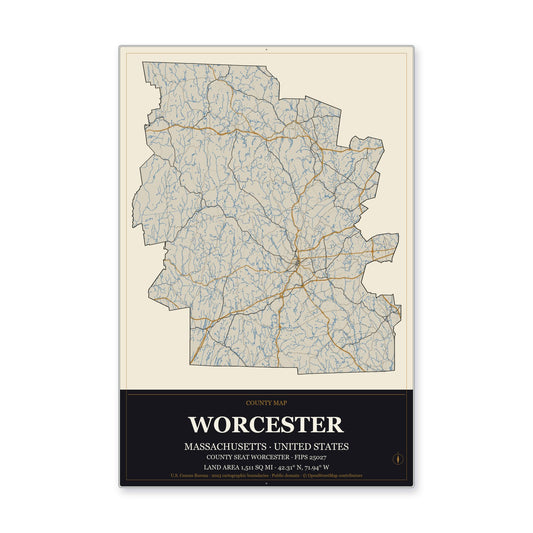 Worcester County, Massachusetts Map Aluminum Sign in Museum Plaque style