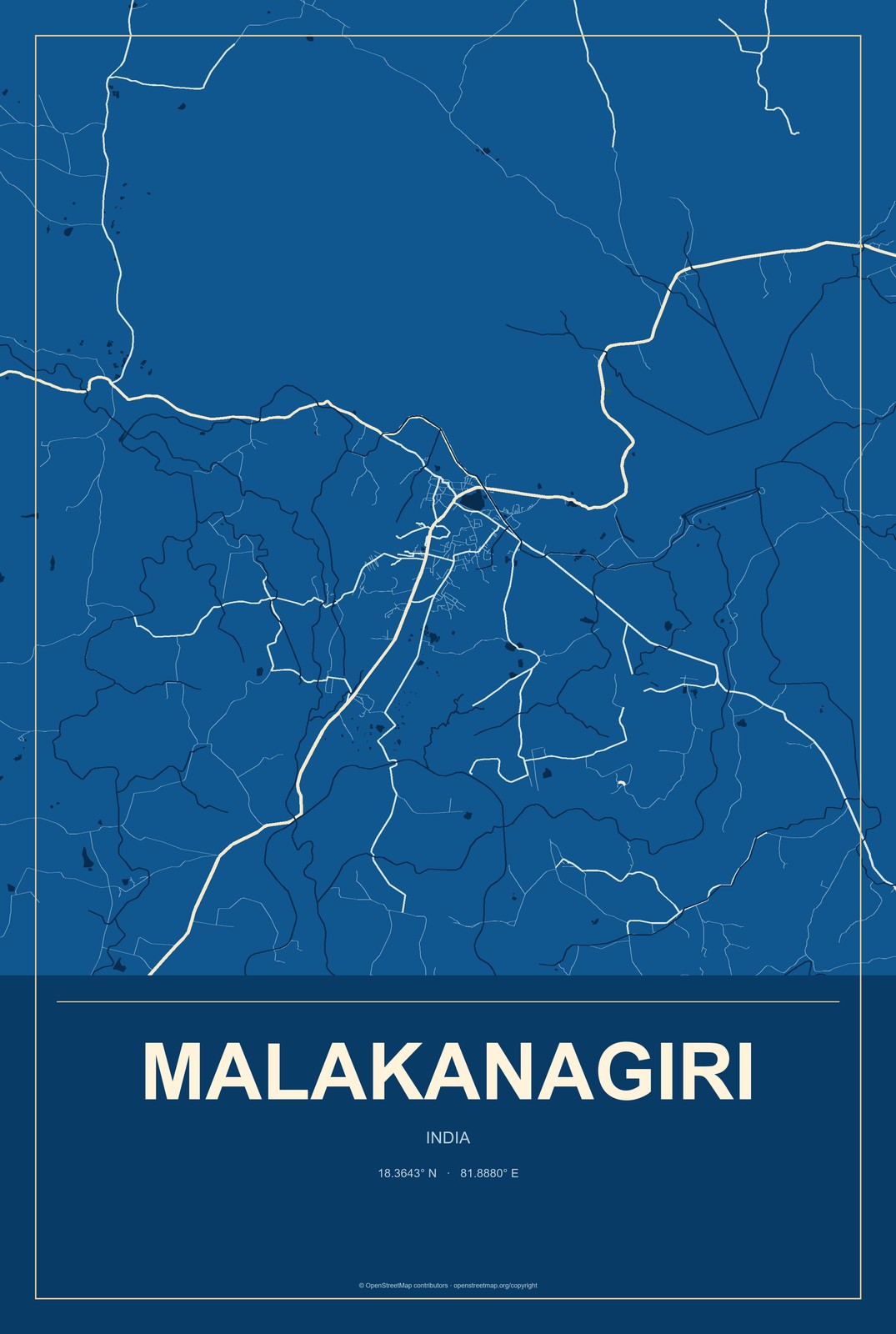 Malakanagiri, India City Map Aluminum Sign in Harbor Cobalt style