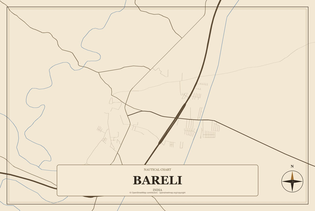 Bareli, India City Map Aluminum Sign in Heritage Nautical style