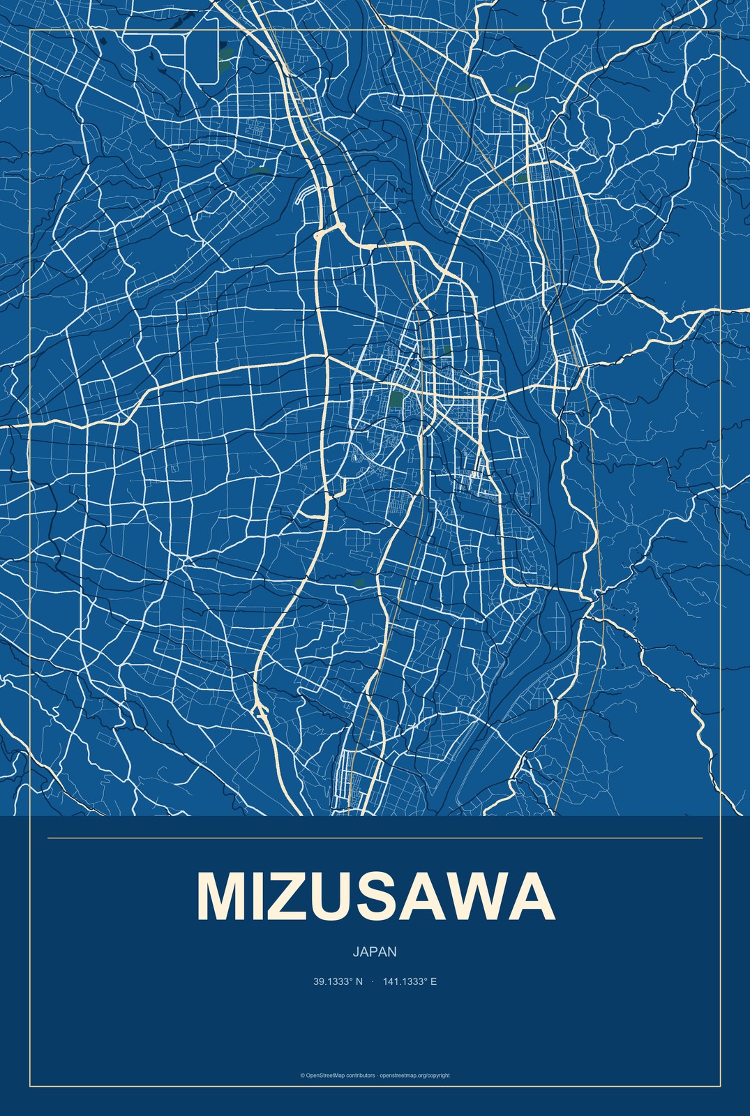 Mizusawa, Japan City Map Aluminum Sign in Harbor Cobalt style