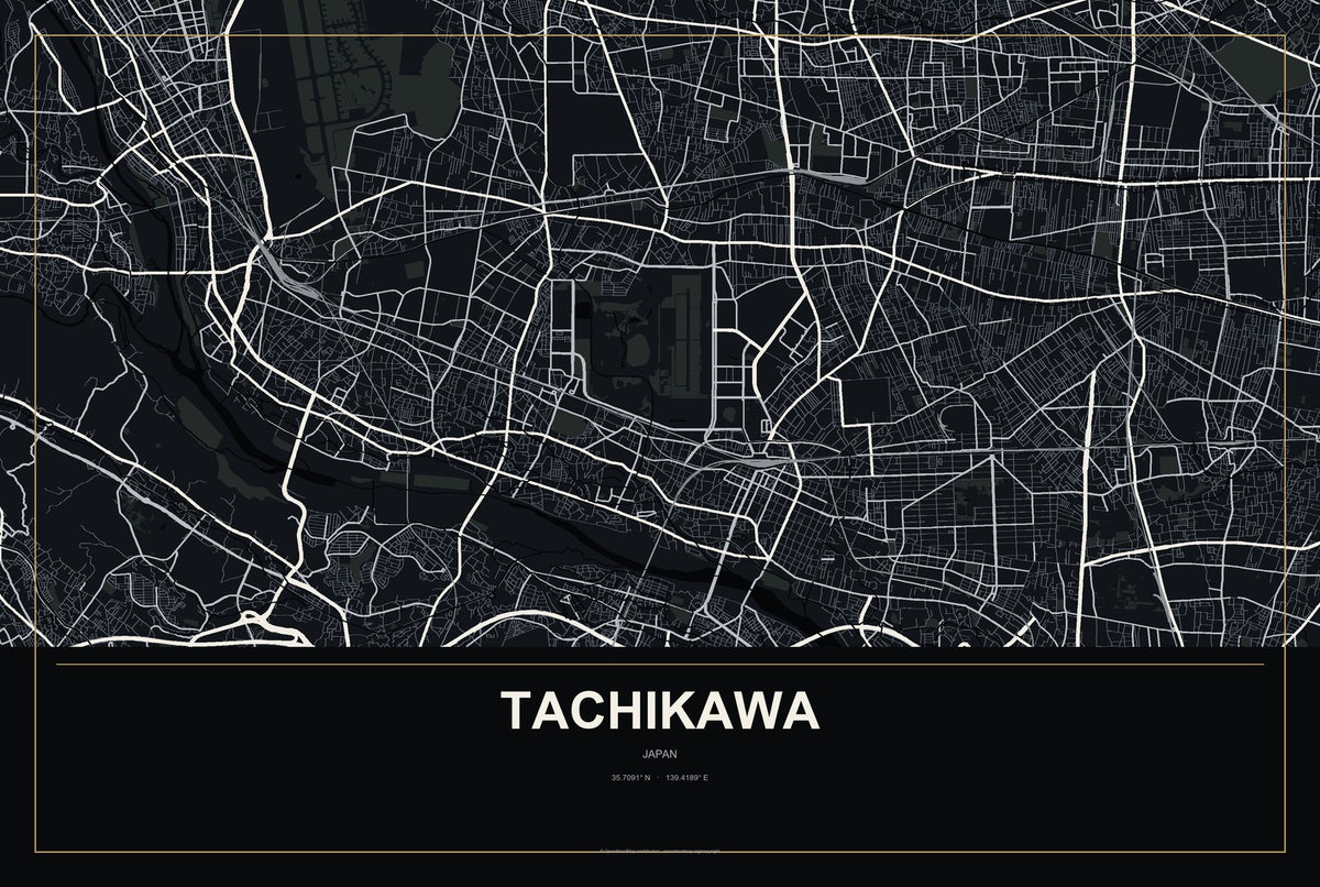 Tachikawa, Japan City Map Aluminum Sign in Metropolitan Noir style