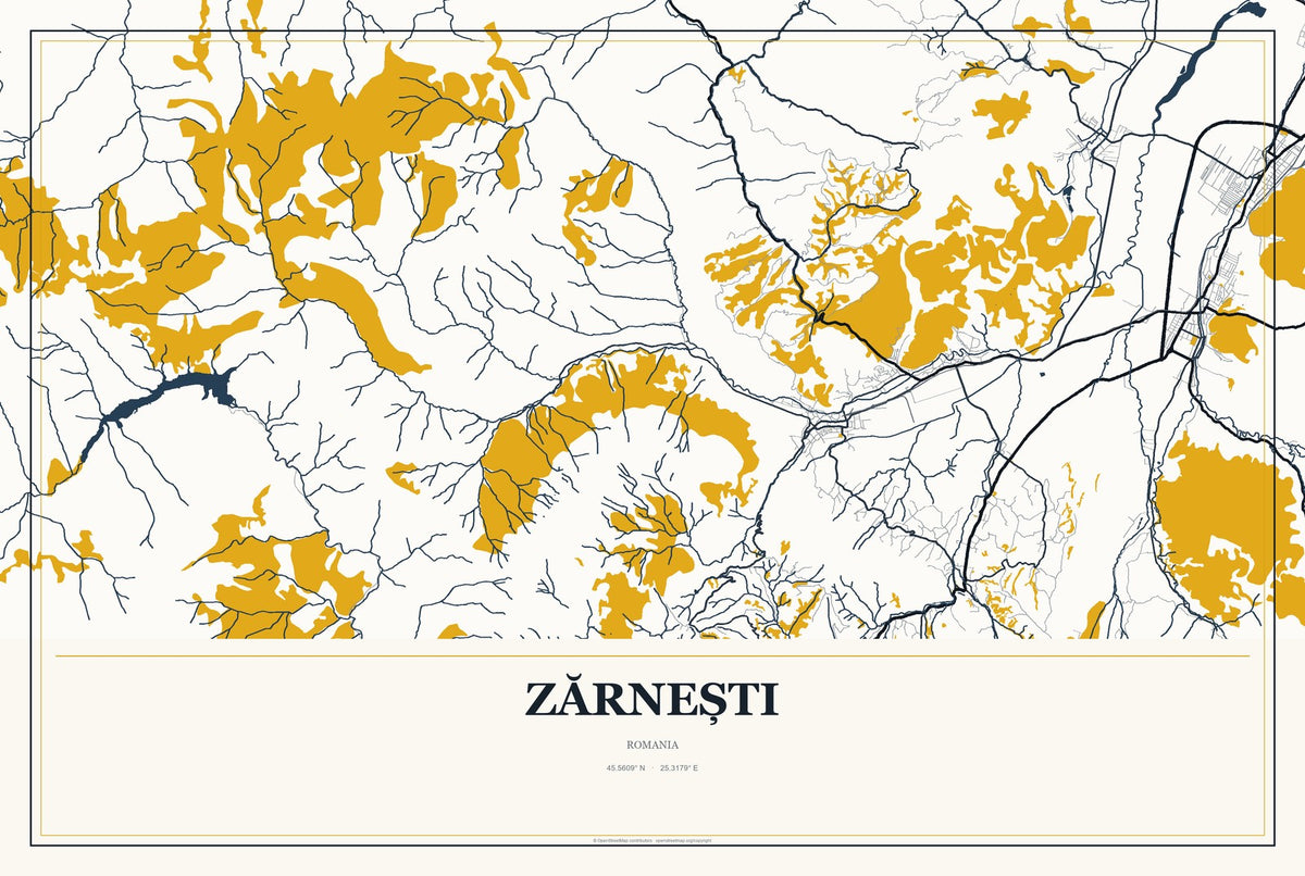 Zărnești, Romania City Map Aluminum Sign in Citrine Modern style