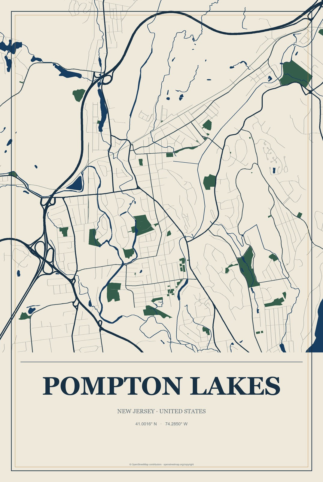 Pompton Lakes, New Jersey City Map Aluminum Sign in Coastal Cutout style