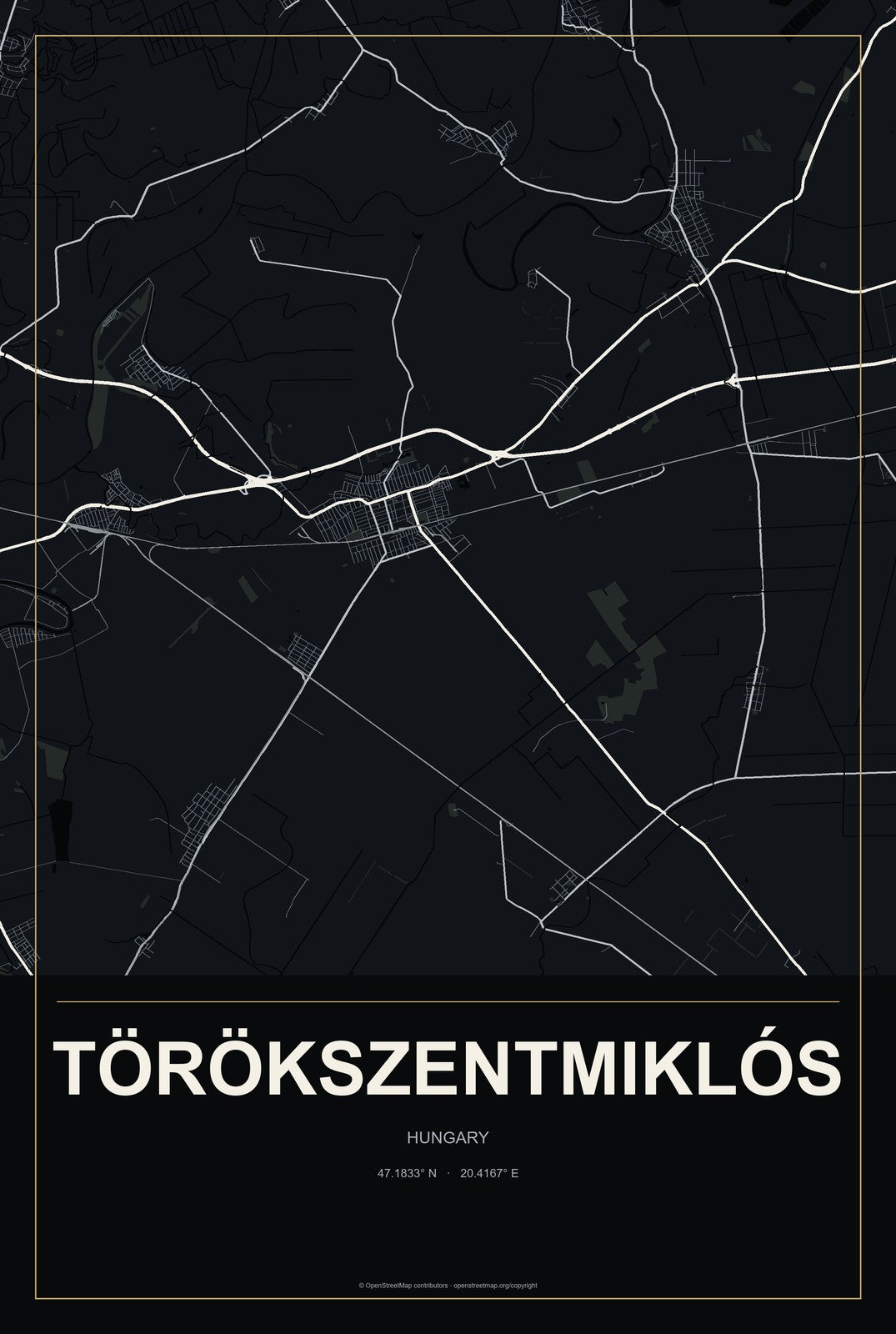 Törökszentmiklós, Hungary City Map Aluminum Sign in Metropolitan Noir style