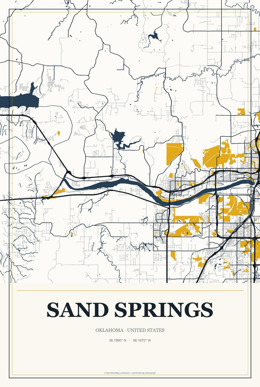 Sand Springs, Oklahoma City Map Aluminum Sign in Citrine Modern style