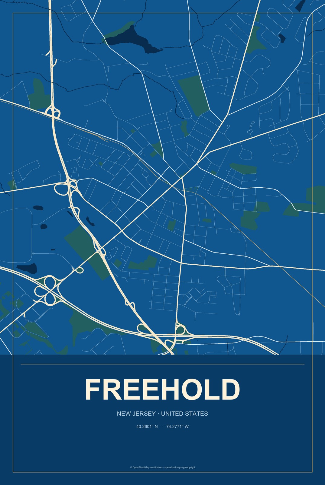 Freehold, New Jersey City Map Aluminum Sign in Harbor Cobalt style