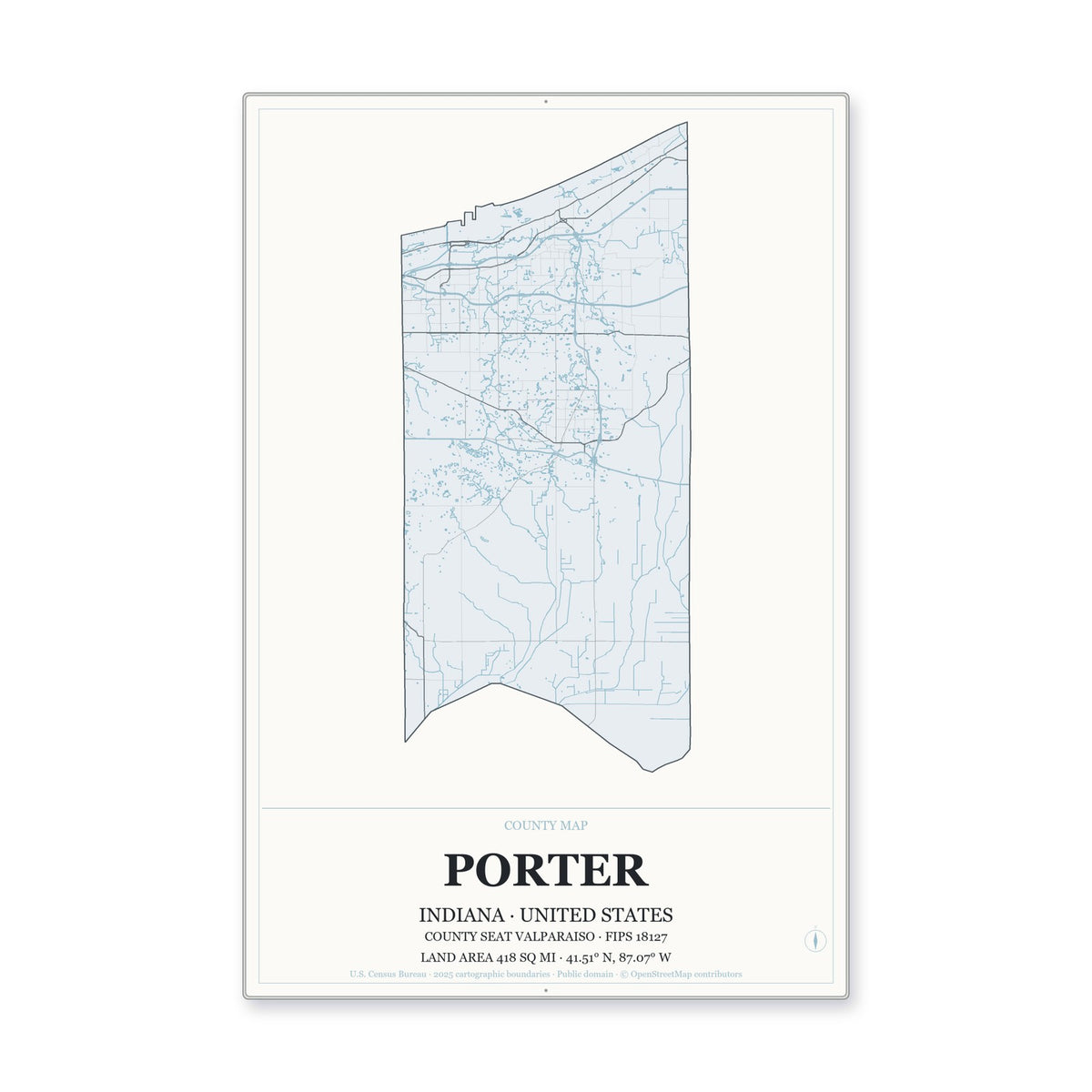 Porter County, Indiana Map Aluminum Sign in Gallery Air style