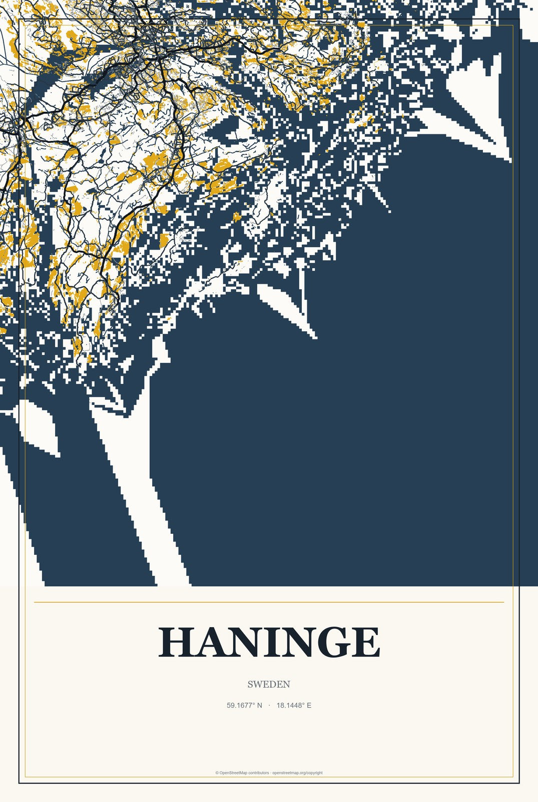 Haninge, Sweden City Map Aluminum Sign in Citrine Modern style