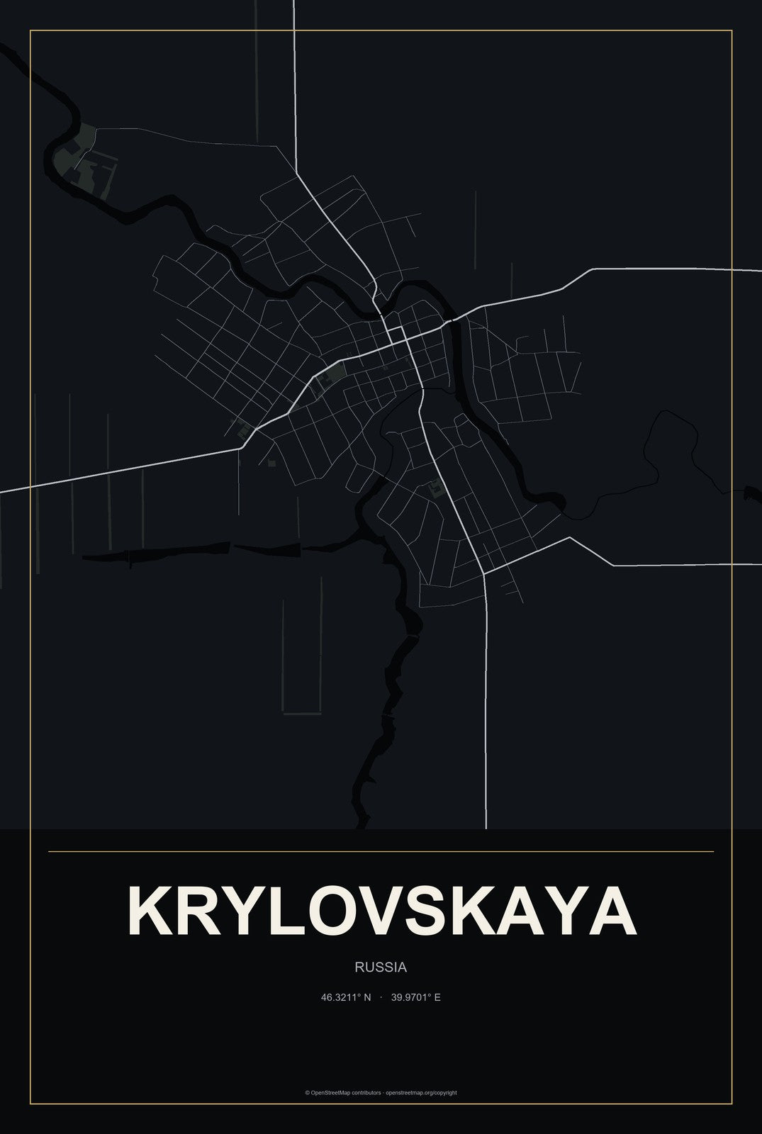 Krylovskaya, Russia City Map Aluminum Sign in Metropolitan Noir style