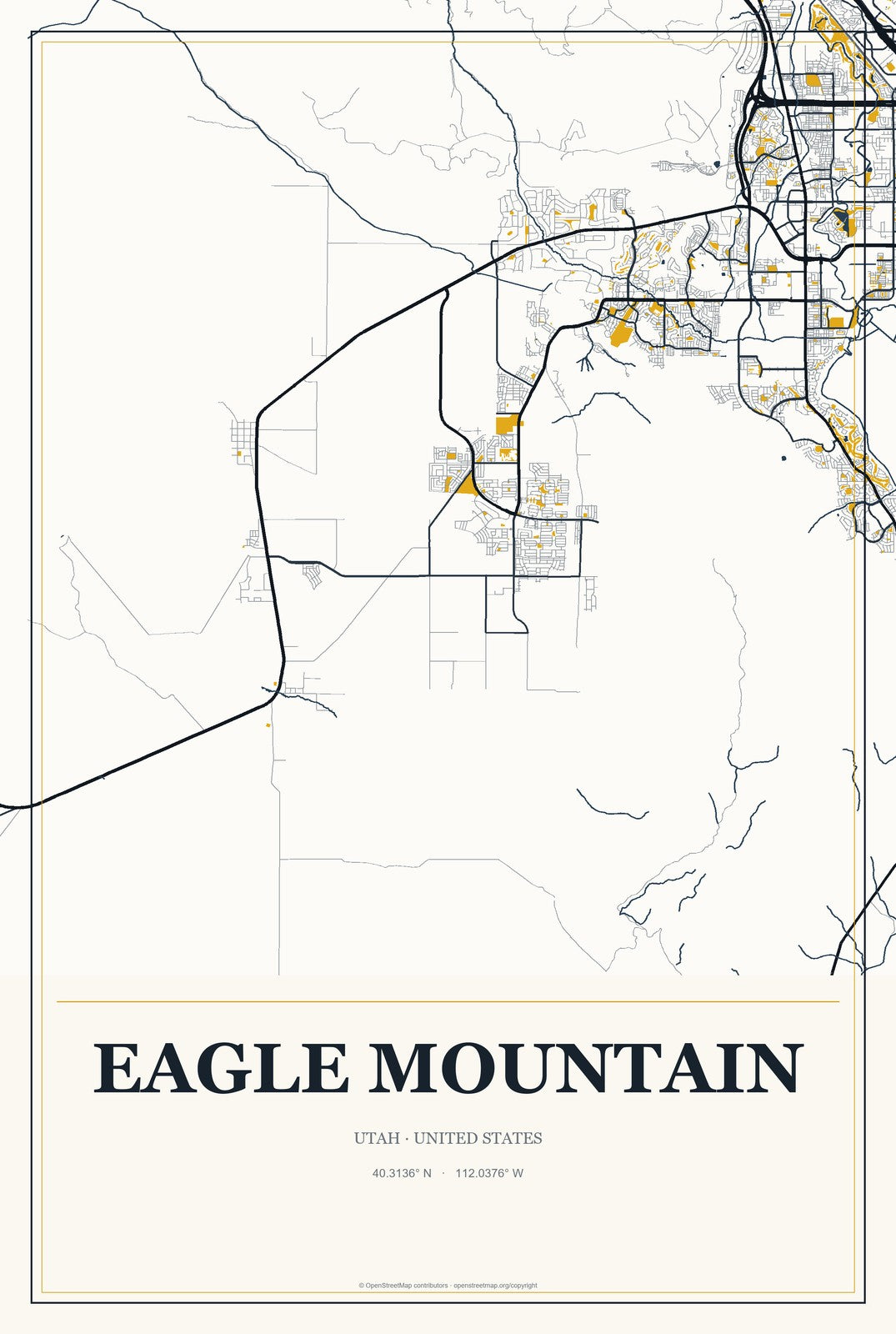 Eagle Mountain, Utah City Map Aluminum Sign in Citrine Modern style